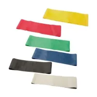 Six CanDo band loops laid out in yellow, red, green, blue, black and grey