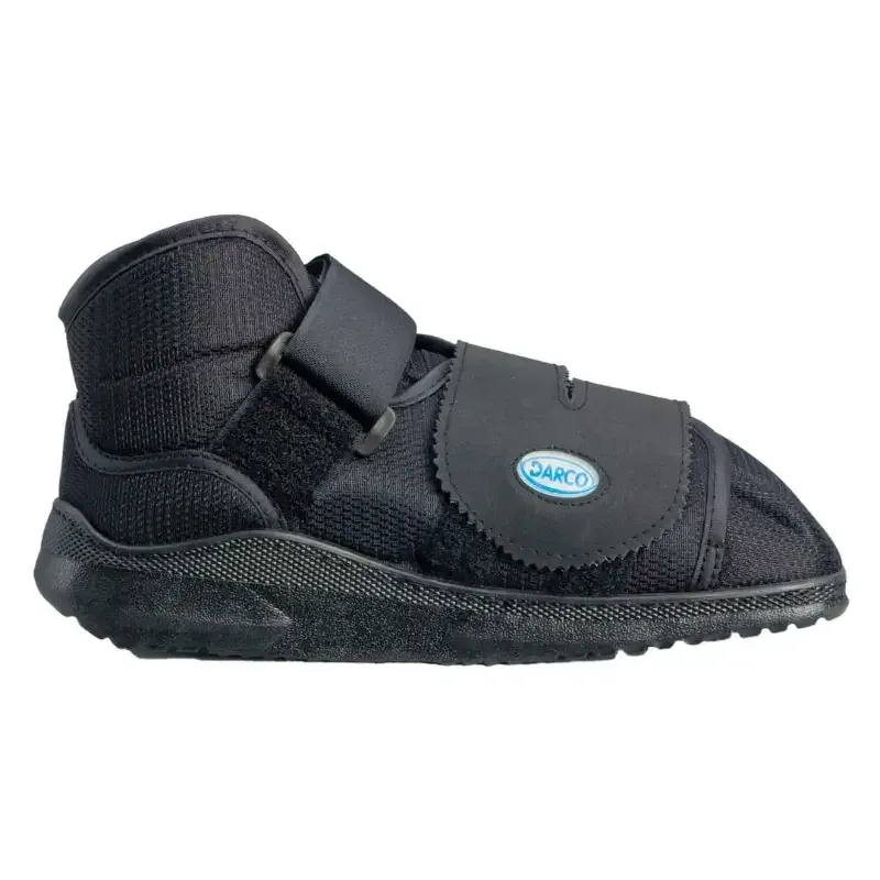 The Darco All Purpose Boot in black, side on, showing the two hook-and-loop straps and the rocker sole