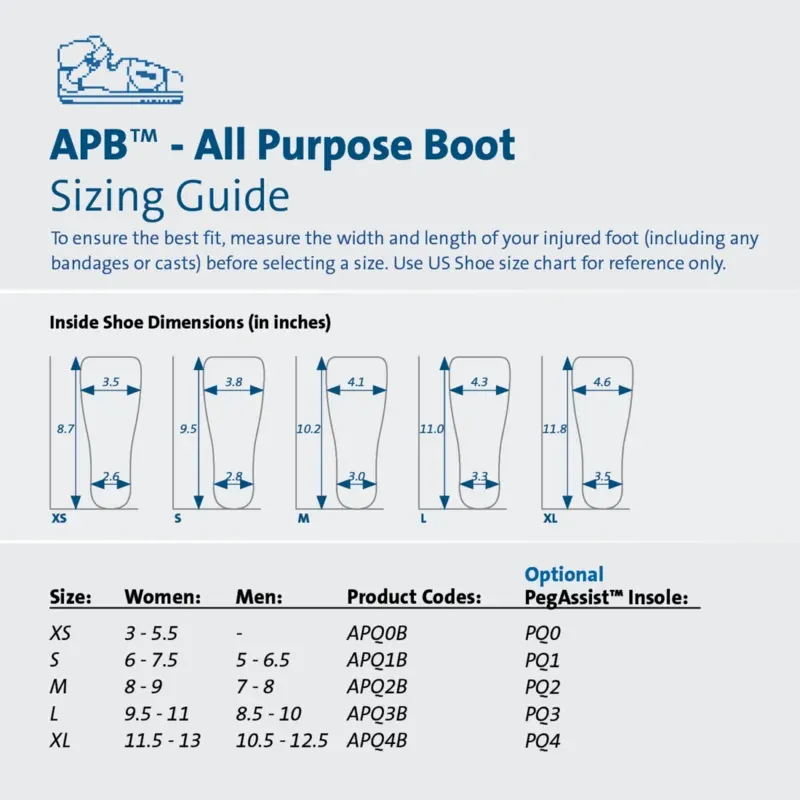 Darco's sizing card: inside length and width of each size, and a table of X-Small to X-Large against US women's and men's shoe sizes