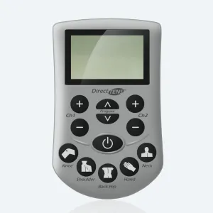 A grey handheld TENS unit with an LCD screen, plus and minus buttons for each channel, and five body-area quick-select buttons