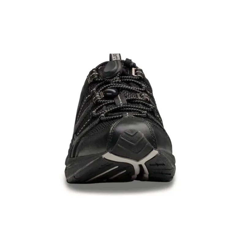 The Dr. Comfort Refresh in black, front view showing the width of the toe box and the toggle