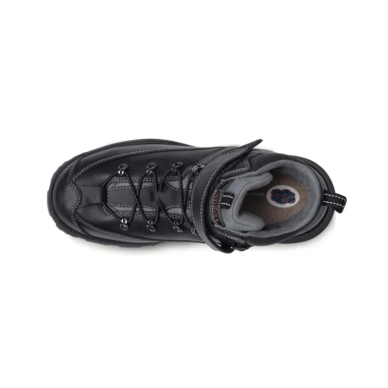 The Dr. Comfort Yukon in black from above, showing the lacing and the grey lining inside the collar