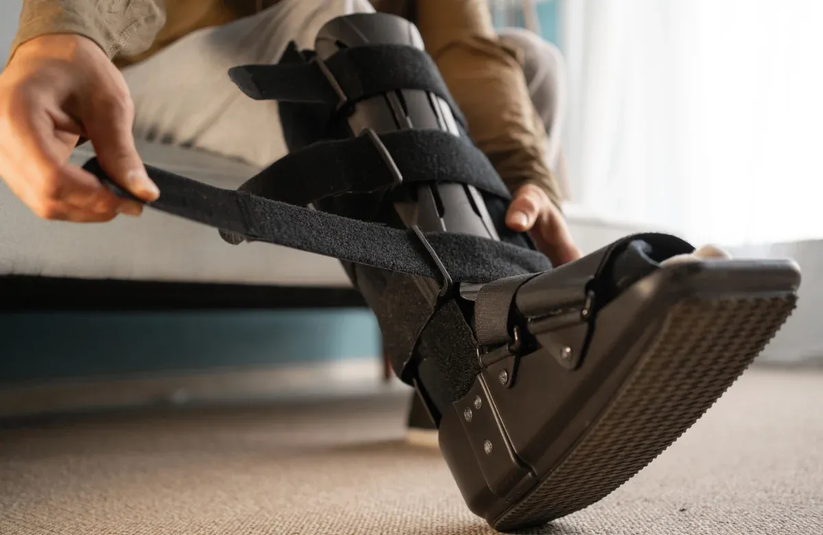 A CAM moon boot walker being fitted to a patient's lower leg