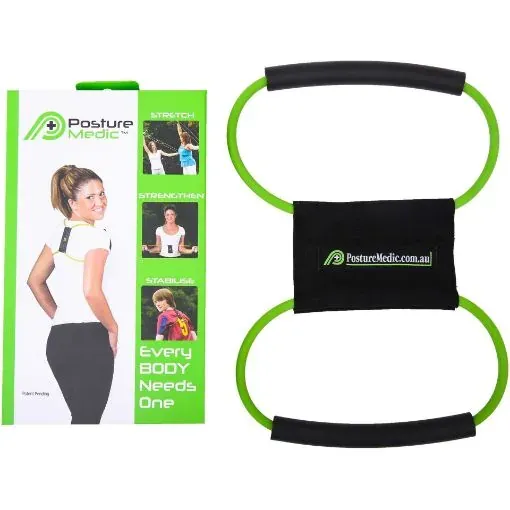 The band laid flat beside its retail box, two elastic loops joined by a black centre panel