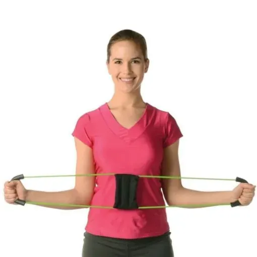 The band taken off and held out at arm's length in front of the chest, being stretched for one of the exercises