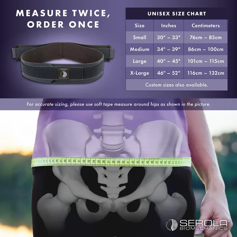 Serola's measuring card: a tape run around the hips at the level of the pelvis, not the waist, with the size chart above it