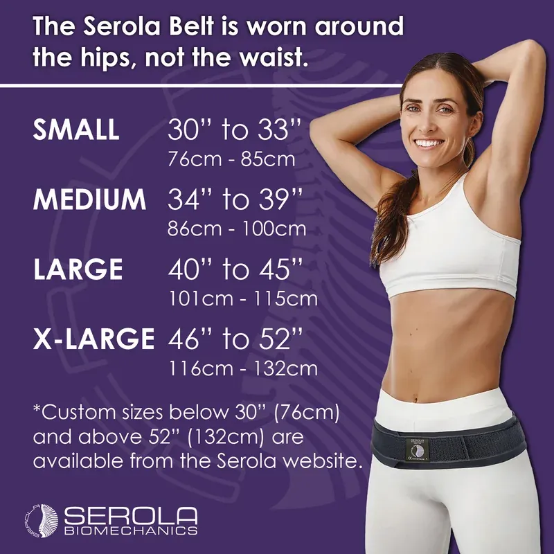 Serola's size chart, Small 76 to 85cm, Medium 86 to 100cm, Large 101 to 115cm, X-Large 116 to 132cm, measured around the hips