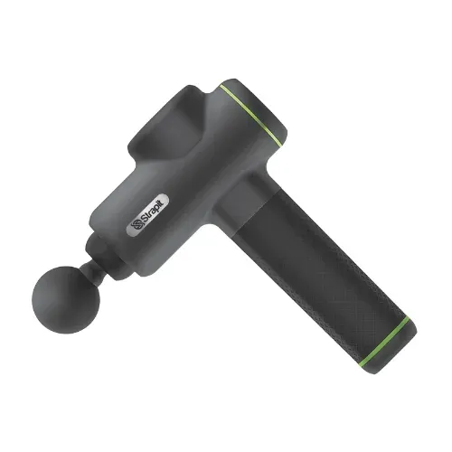 The massage gun side-on, showing the green trim rings and the textured grip