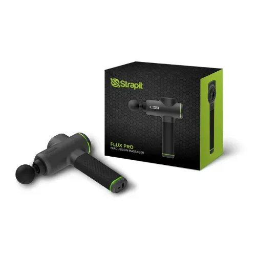 A dark grey Strapit Flux Pro massage gun with a round head fitted, beside its black and green retail box