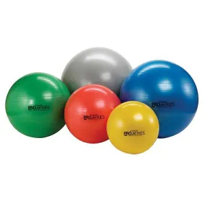 Five TheraBand Pro Series exercise balls in green, silver, red, yellow and blue, in a range of sizes