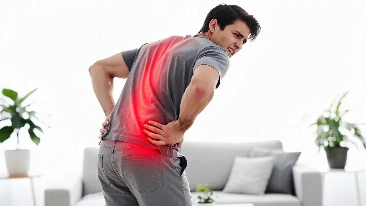 A man reaching behind himself to hold his back, pain highlighted in red across the shoulder blade and down the spine